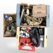 Lamp bases, miniature two drawer chest, figures, antique lamp, metal wares,