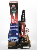 A Hoover rechargable vacuum cleaner, Hoover window cleaner and household cleaning products.