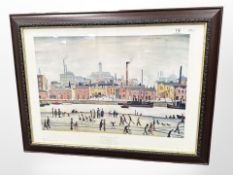 After Lawrence Stephen Lowry (British, 1887-1976) : Northern river scene, reproduction in colours,