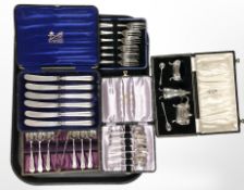 Several boxed sets of EPNS cutlery, five piece cruet, etc.