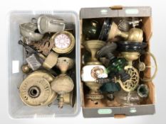 Various metal wares, oil lamps, trivet,