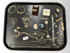 A group of costume jewellery, gold plated items, chains, Eastern Star jewellery,