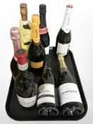 Eight bottles of modern wine and champagne,