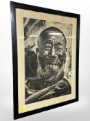 20th century continental school : portrait of a bearded man, wood cut,