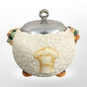A Clarice Cliff for Newport Pottery Celtic Harvest biscuit pot with silver plated lid, height 15 cm.