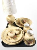 Thirteen pieces of Aynsley Orchard Gold porcelain including table lamp, fruit bowl,
