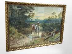 Wilson Hepple (British, 1854-1937) : A man crossing a ford with two work horses, watercolour,