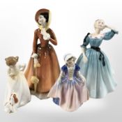 Two Royal Doulton figures, 'Celeste' HN2237 and 'Julia' HN2705, together with two smaller figurines,