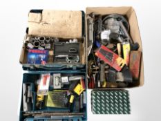 Two tool boxes and further box of assorted hand tools, hard ware, fittings,
