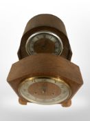 Two oak Art Deco mantel clocks, one with presentation plaque dated 1943,