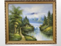 Danish School : Waterfall by mountains, oil on canvas, 60 cm x 50 cm.