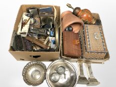 Assorted silver plated wares, ceramic lamp base, wicker sewing basket, pot,