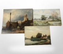 T K Fairless : Figures in a courtyard with cathedral beyond, oil on canvas, 38 cm x 45 cm,