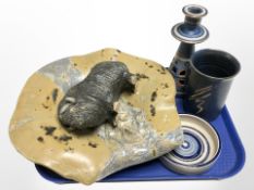 Scandinavian studio pottery wares; candlestick, vase, large abstract fruit bowl,