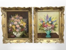 Contemporary school : Still life of flowers in a vase, two oils on canvas laid to board,