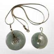 A 9ct gold jade disc pendant on chain and a further pendant