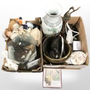 A contemporary Chinese porcelain baluster vase, several dolls, hexagonal glass terrarium,