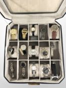 A modern watch display box containing fifteen watches including Lorus, Citizen, Seiko,