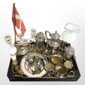 Silver plated coffee pots, tankard, twin handled vessels,