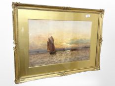 William Thomas Nichols Boyce (British, 1857-1911) : Sailboats in calm waters at sunset, watercolour,