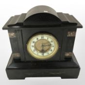 A Victorian black slate and marble eight day mantel clock, height 29 cm,