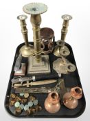 Cast bronze crucifix, anvil paperweight, candlesticks,