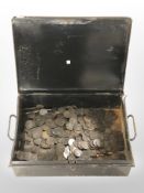A lacquered tin containing a large quantity of Victorian and later pennies