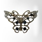 A 9ct yellow gold butterfly bar brooch set with sapphires and small diamonds,