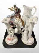 A pair of Franklin Mint porcelain Romeo and Juliet candlesticks, further Destiny figure,
