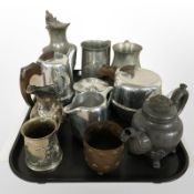 A Picquot ware four piece tea service, pewter tankards, 19th century teapot,
