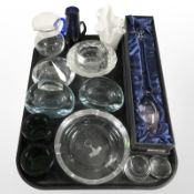 Scandinavian glass bowls, glass bottle containing gem stones,
