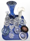 A group of Scandinavian glass wares including textured tea light holders, Art glass vases,