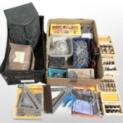 Quantity of tools and hard ware, combination squares, Clarke bit sets, metal tool box,