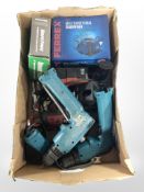 Several power drills including Makita, multi functional sharpener in box,