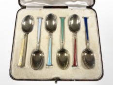 A set of six Edwardian silver gilt and enameled teaspoons, Birmingham 1909,