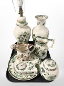 Six pieces of Masons Chartreuse china including table lamp and a further brown velvet pattern jug