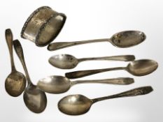 A silver napkin ring and seven various teaspoons. CONDITION REPORT: 133.