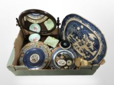 A blue and white willow pattern meat plate, assorted trinket boxes, pair of Maling octagonal plates,