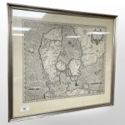 A continental monochrome map of Denmark, 57 cm x 51 cm.