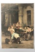 19th Century Continental School : Ladies and children in a courtyard, over-painted oleograph,