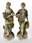 A pair of Capo Di Monte bisque porcelain figures of lady and a gentleman gathering wheat and corn,