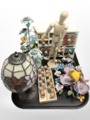 A small Tiffany style leaded glass table lamp, several small glass vials containing coloured beads,