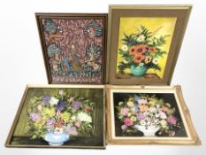 Three contemporary still life oils and a tapestry,