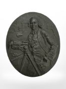 A black ceramic plaque, numbered 206, by J. Bromley, 11 cm x 9.5 cm.