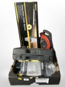 A Cougar paint roller, extension lead, drill bit set, cordless drill, allen keys and other hardware.