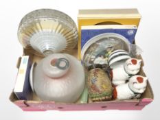 Two Art Deco glass light shades, pair of Staffordshire cats, collector's plates including Wedgwood,