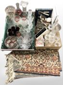 An Eastern wall hanging, silver plated ware, cutlery, drinking glasses, vases,