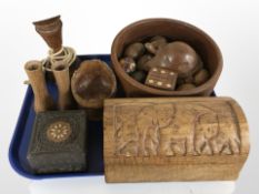 An Indian carved hardwood and bone inlaid square trinket box, further similar box,