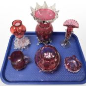 Six pieces of Victorian cranberry glass,