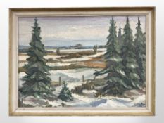 F Becker : A view towards a coastline in snow, oil on canvas, 60 cm x 43 cm.